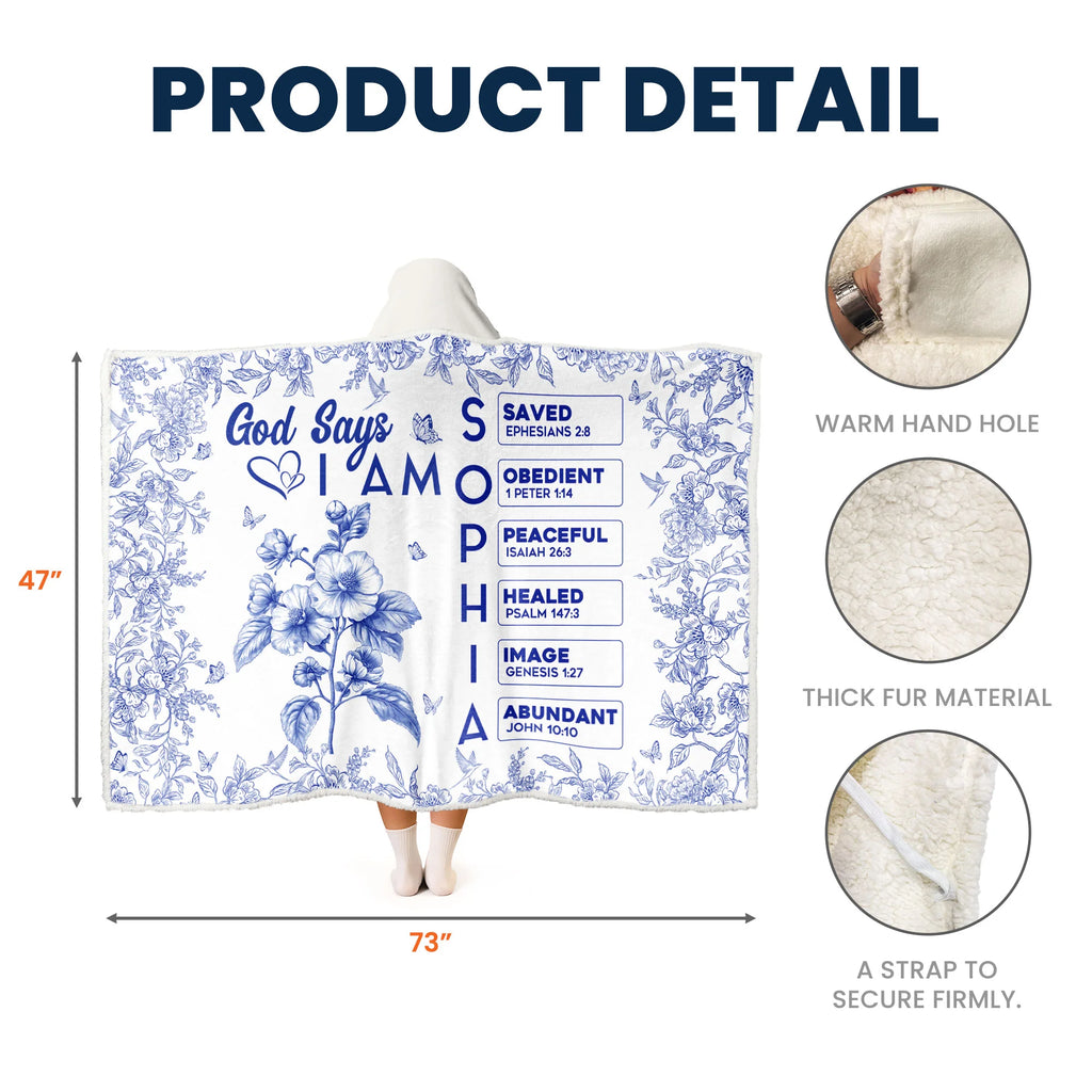 God Says I Am Name Letter In Bible Toile De Jouy Style - Personalized Wearable Blanket Hoodie